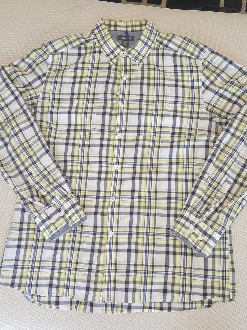 Kenneth Cole Reaction X-LARGE Men’s Yellow & Navy Plaid Button-Down Shirt